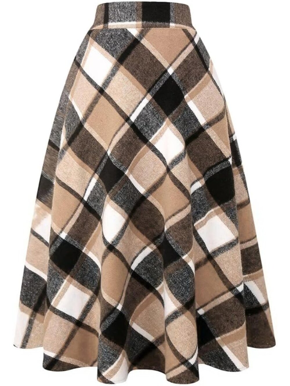 Womens Plaid Wool Skirts Elastic Waist A-Line Pleated Tartan Long Skirts